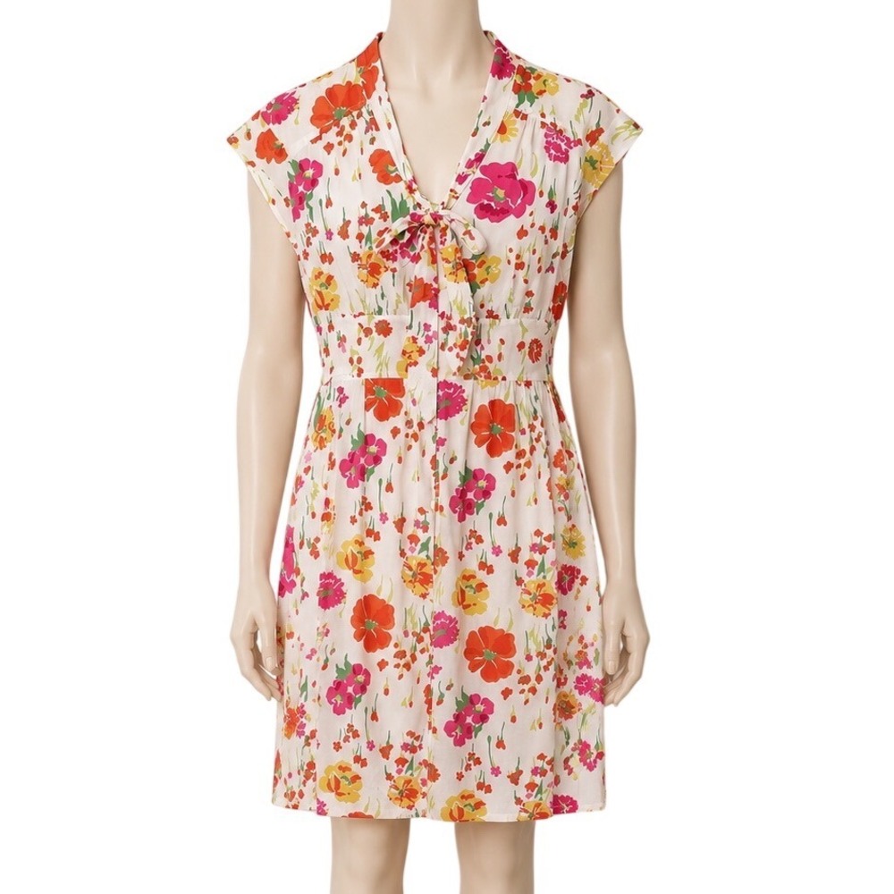 Merona Collection Floral Tie Neck Button Front Cap Sleeve Dress White Red‎ Sz 14